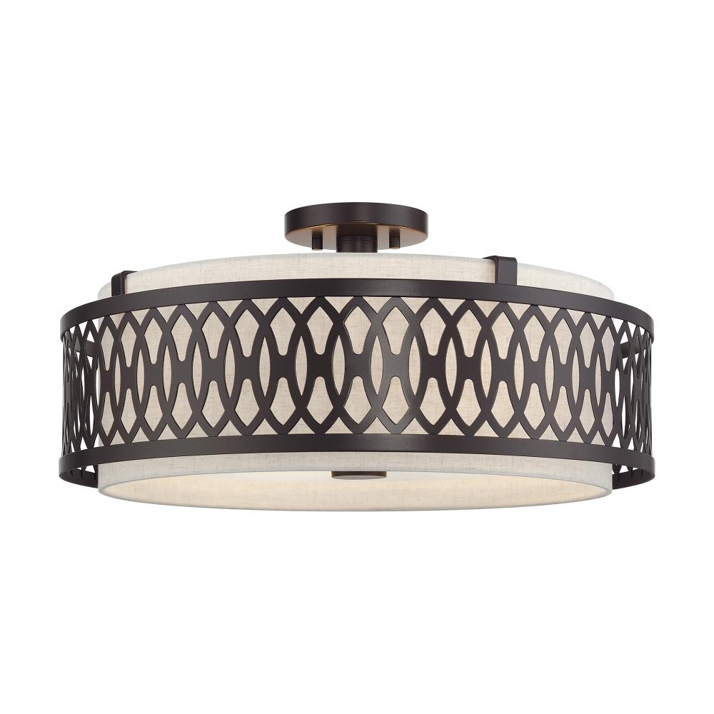 4 LT English Bronze Extra Large Semi-Flush with Hand Crafted Oatmeal Color Fabric Hardback Shade