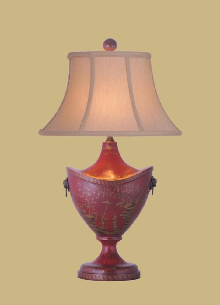 Oriental Hand Painted Oval Red Wooden Lacquer Lamp
