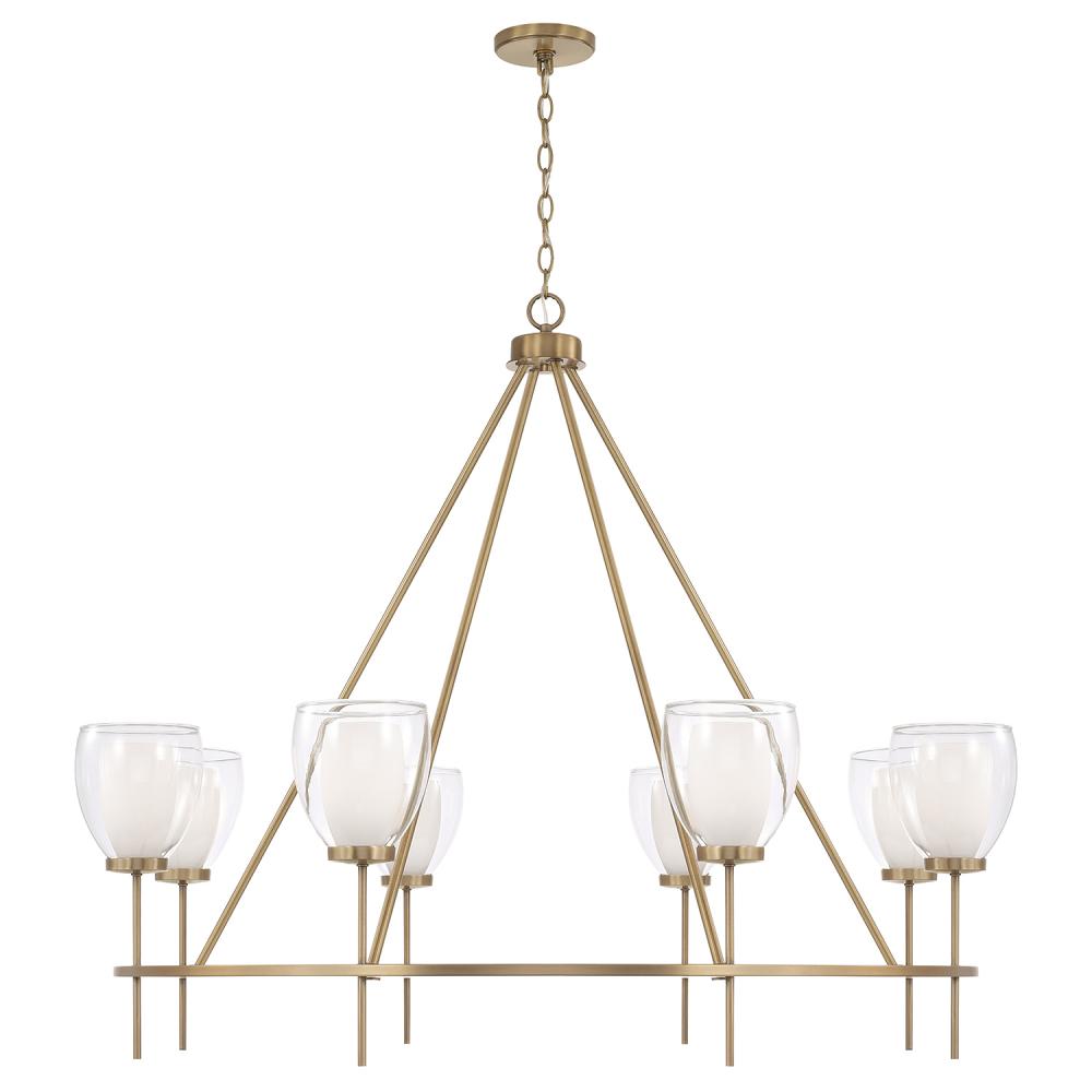 8-Light Ring Chandelier in Aged Brass with Layered White and Clear Glass