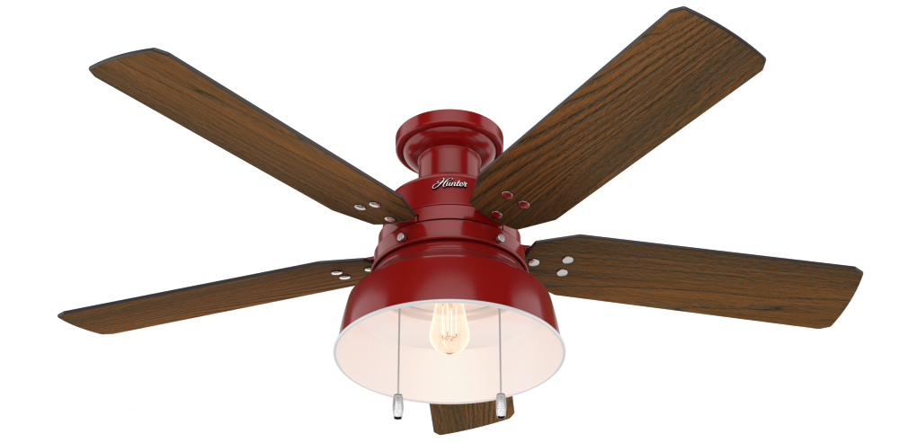 Hunter 52 inch Mill Valley Barn Red Low Profile Damp Rated Ceiling Fan with LED LT Kit & Pull Chain