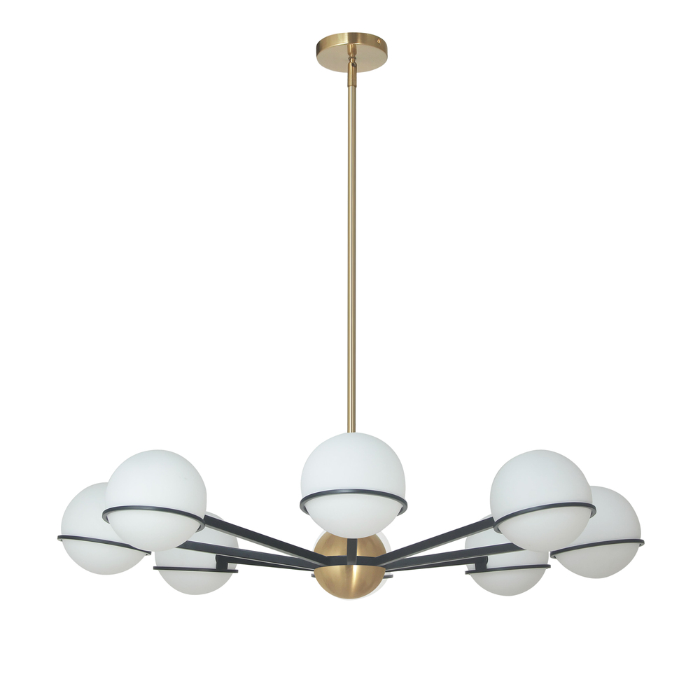 8 Light Halogen Chandelier, Matte Black / Aged Brass with White Opal Glass