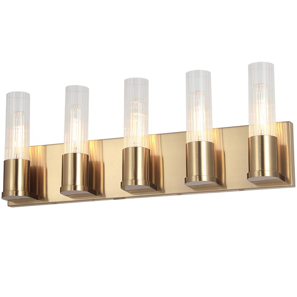 5 Light Incandescent Vanity, Aged Brass w/ Clear Fluted Glass